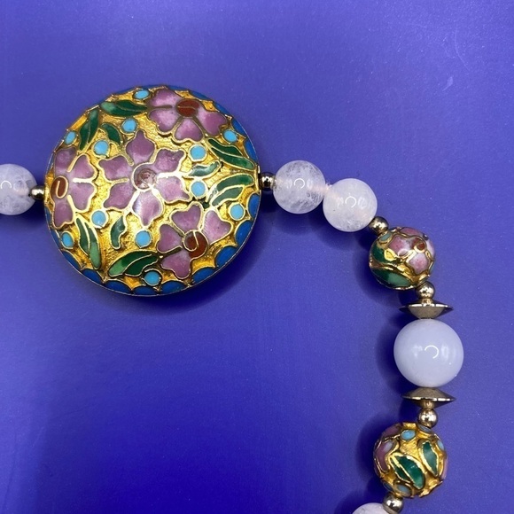 Vintage Snow-White Quartz & Cloisonne Beads Necklace Long - Picture 4 of 7